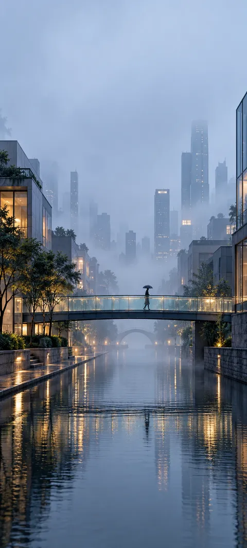 A glass footbridge crosses a fog-softened canal.