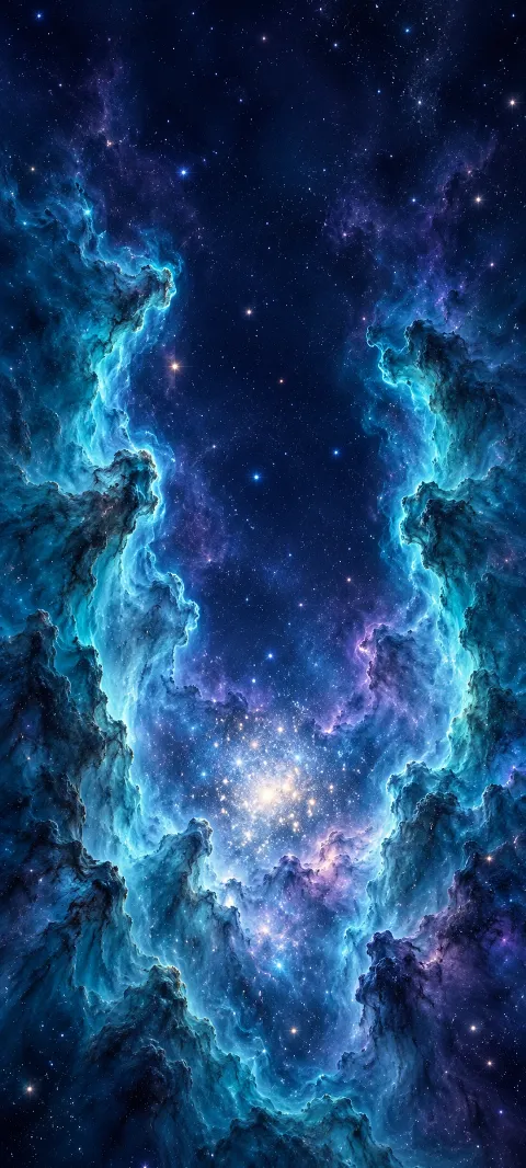 Blue nebula pillars framing a bright distant star cluster in deep indigo space.