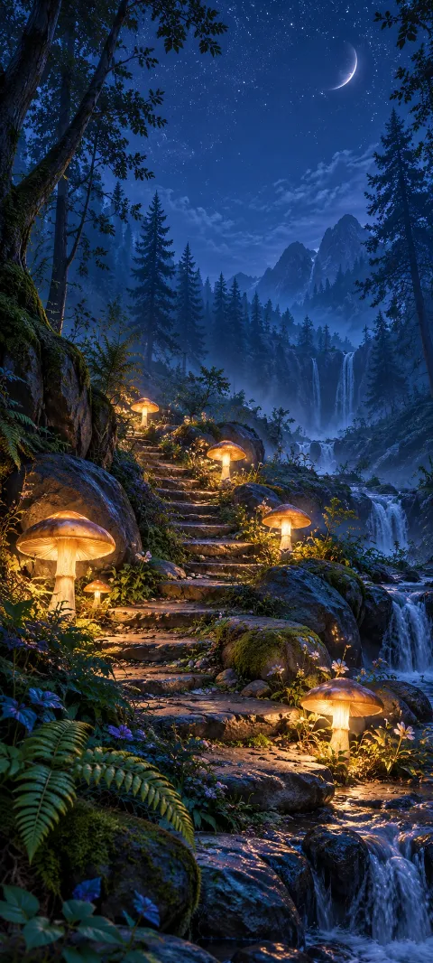 Glowing mushroom lanterns line stone steps through a blue forest.