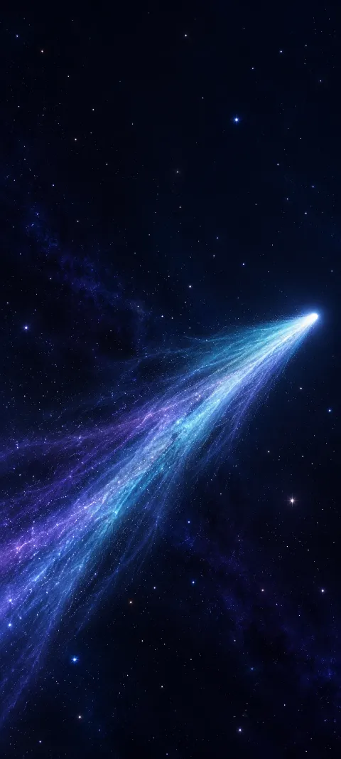 A white comet with aqua and violet tails sweeps diagonally through indigo space.