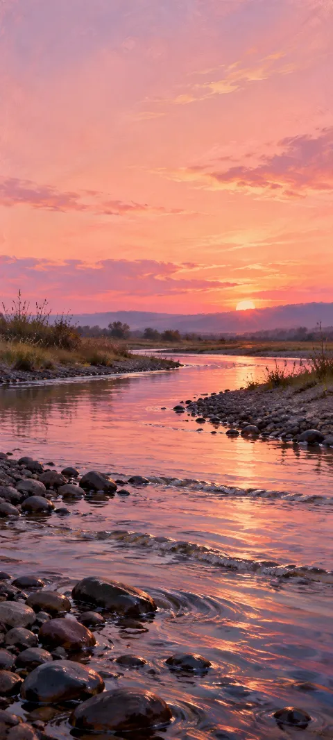 Shallow creek reflecting a rose sunset between dark pebble banks.