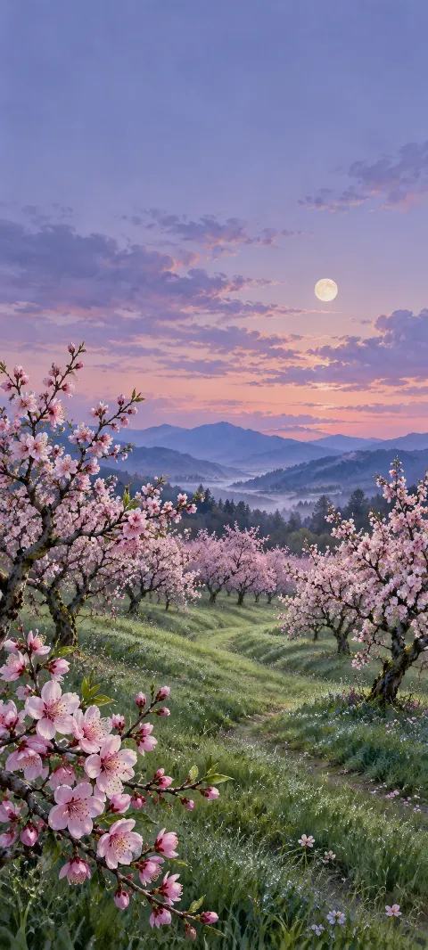 Flowering peach orchard with a grassy aisle, distant blue hills and a twilight moon.