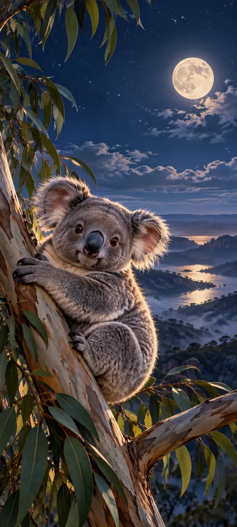 A koala clings to eucalyptus beneath a full moon.