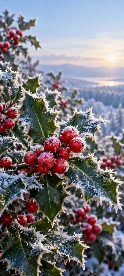A holly sprig carries red berries and frost.