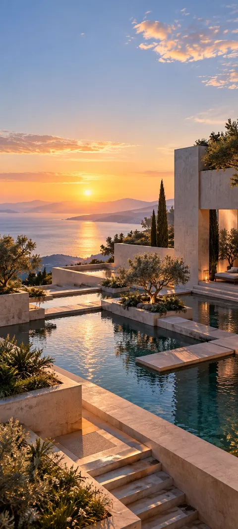 Concrete terraces catch sunrise around a geometric water court.