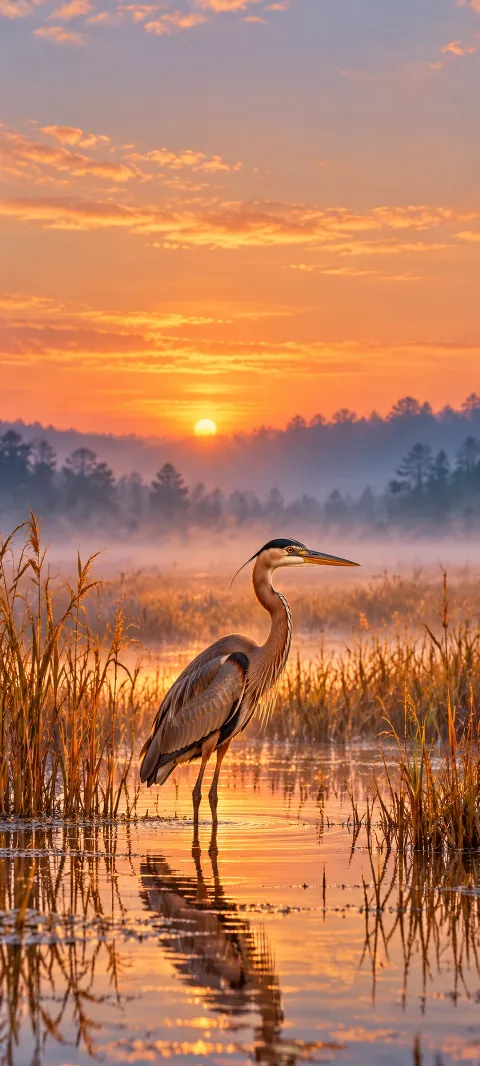 Copper brown heron with two long legs standing in a golden marsh at dawn.