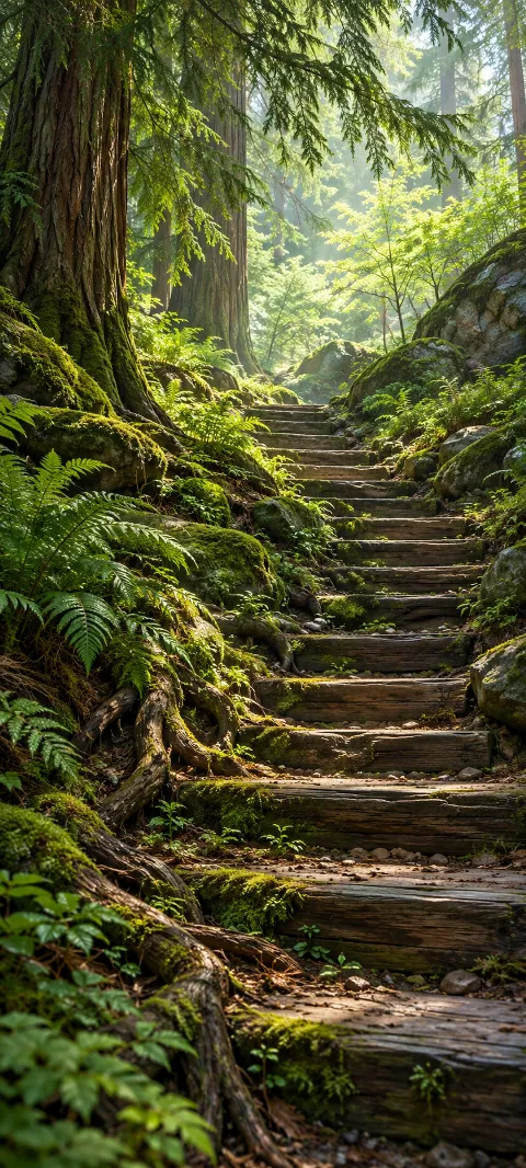 Mossy cedar trunks frame stone steps disappearing into a cool green forest.
