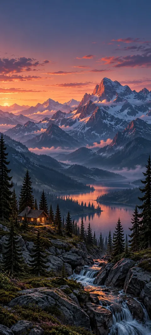 A warm cabin light glows below a dark ridge.