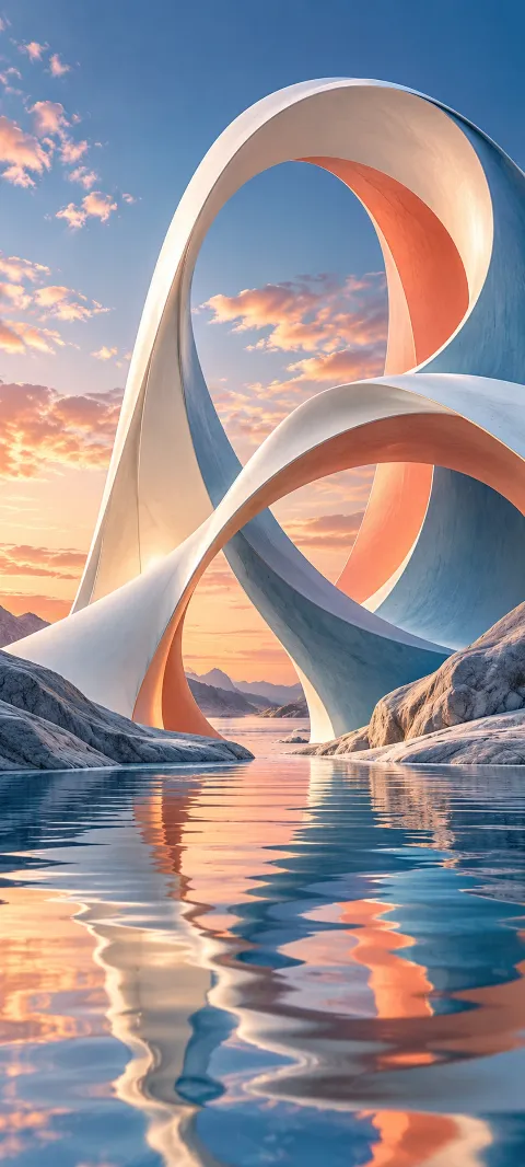 Pearl-white arches and coral planes reflected in a blue lake.