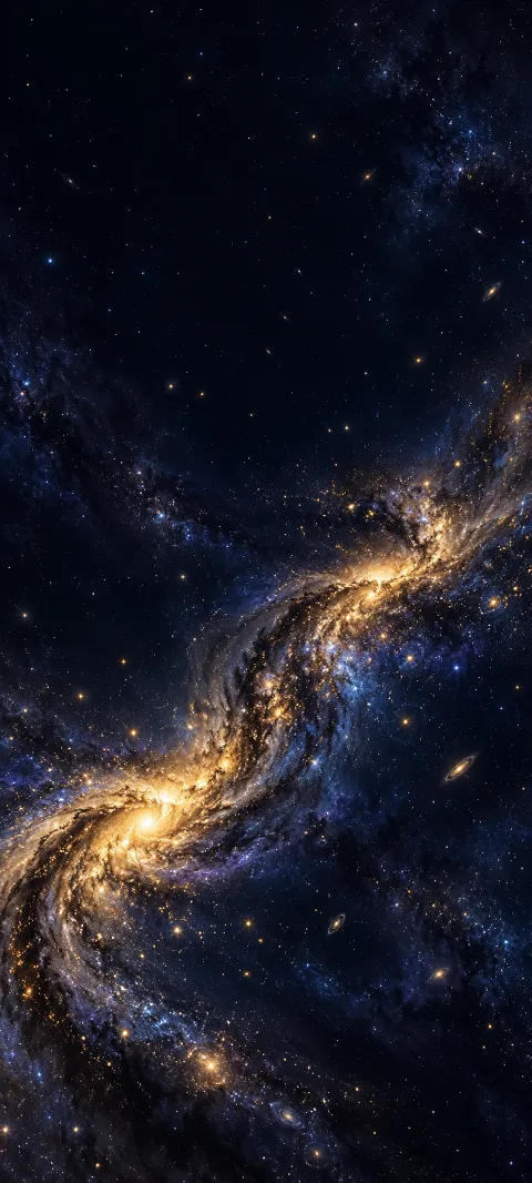 A winding golden galactic band with blue dust across deep navy space.