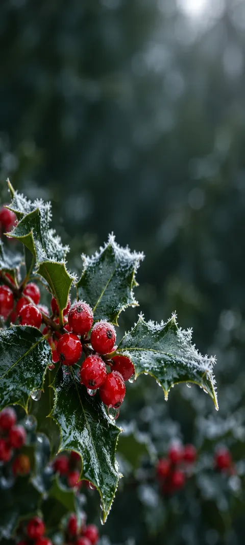 A holly sprig carries red berries and frost.