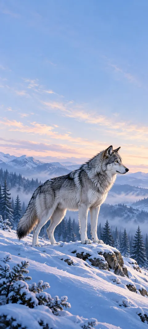 A silver-gray wolf standing on a snowy ridge above pine valleys beneath a pale sky.