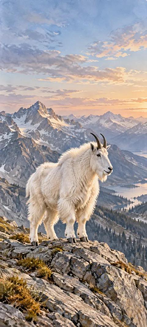 White goat with dark horns on a rocky mountain ledge, with snowy mountains and a lake behind.