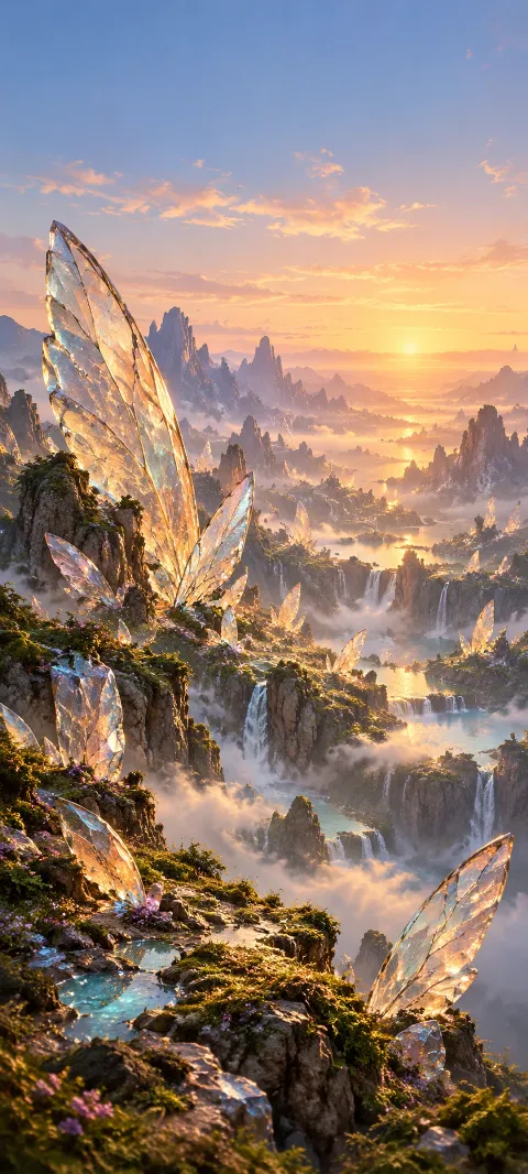 A valley of transparent wing-shaped stones catches sunrise.