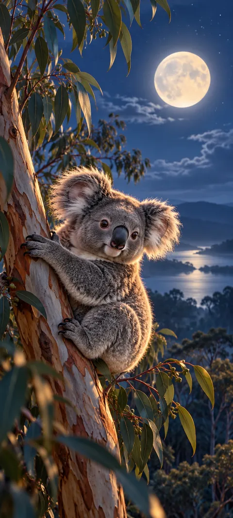 A koala clings to a eucalyptus branch under moonlight.
