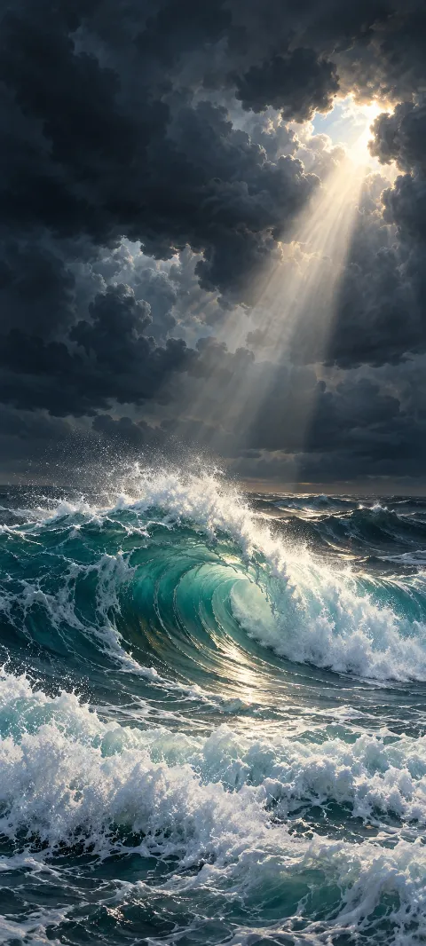 Foaming teal wave illuminated by sunlight through a gap in gray clouds.
