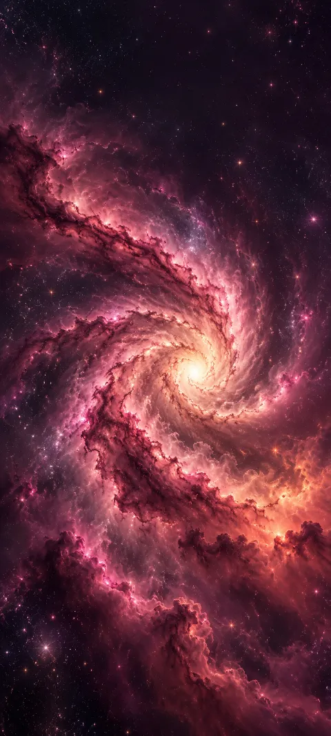 Rose pink spiral nebula with a cream core and orange glow in dark plum space.