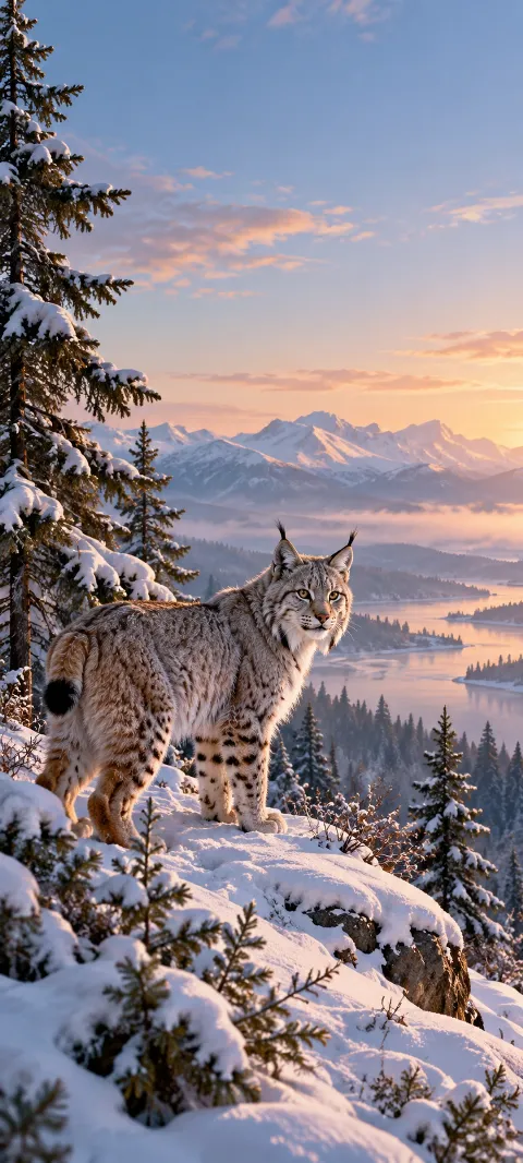 A lynx watches from a snowy spruce edge.