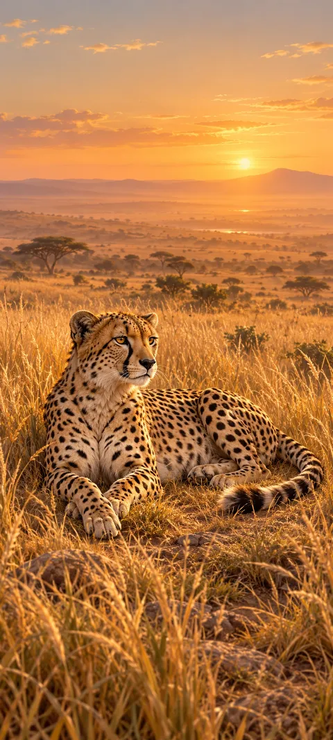 A whole resting cheetah with curled tail in golden savanna grasses.