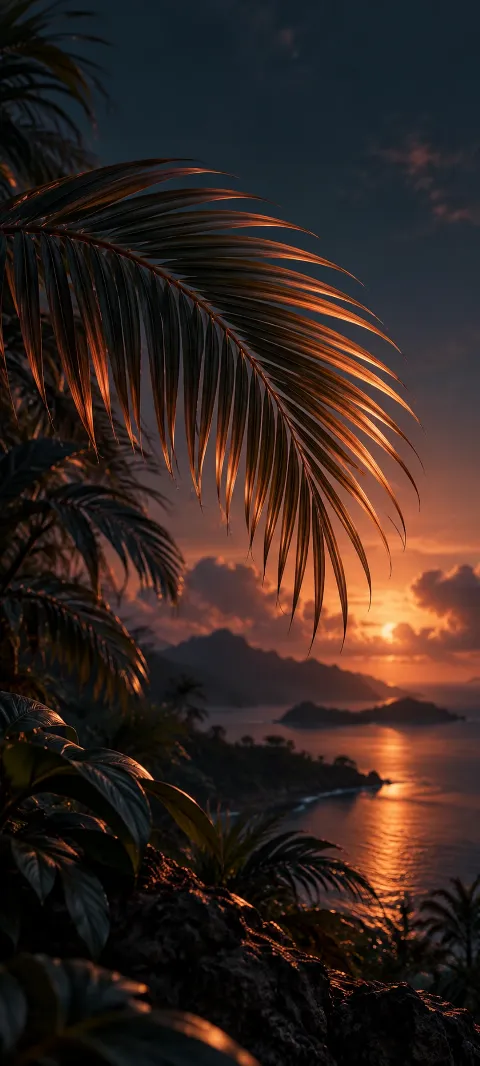 A copper-lit palm frond arcs above a tropical coast at dusk.