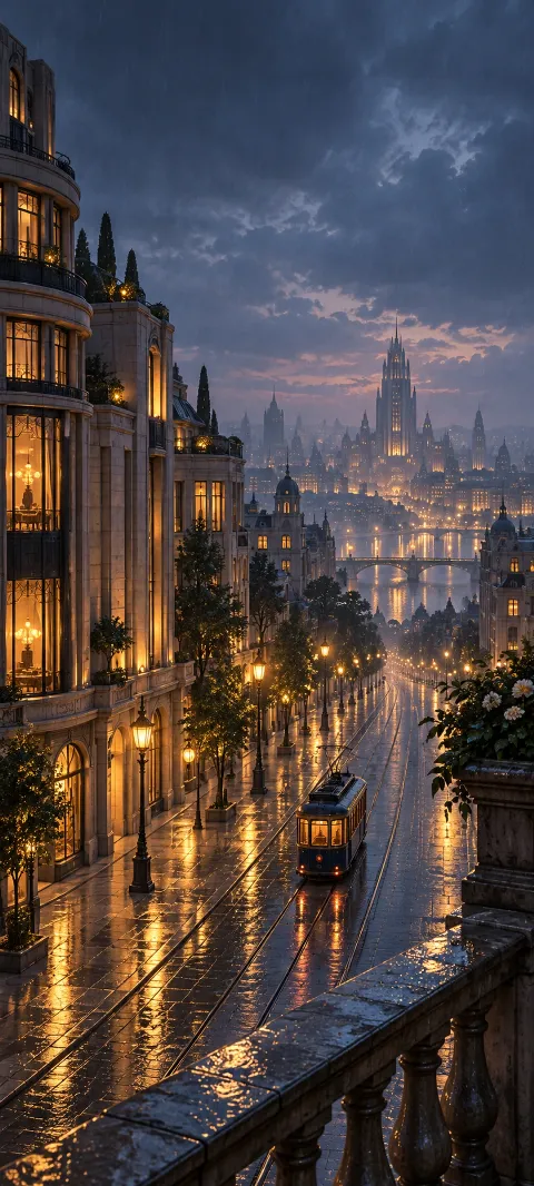 Blue tram on wet downhill rails among amber-lit stone buildings, overlooking a bridge and distant tower.