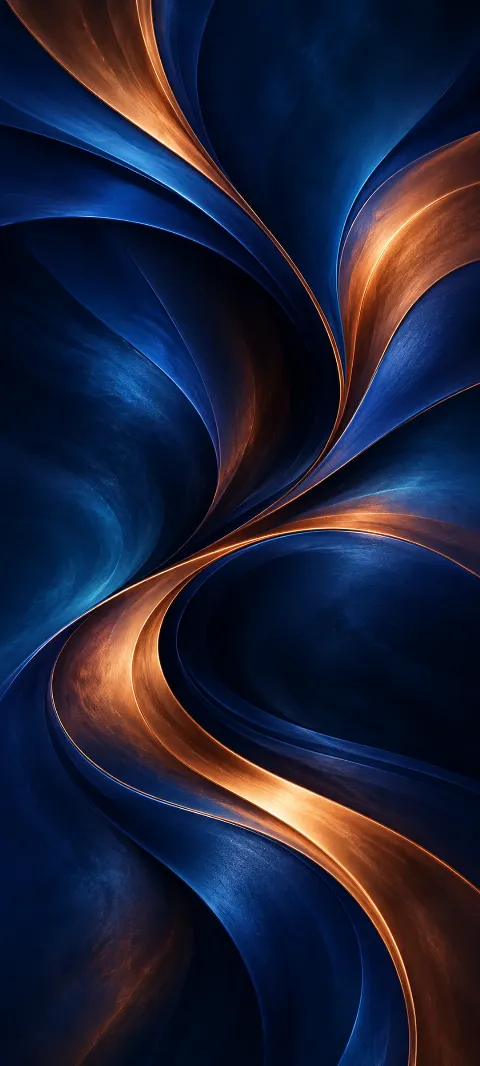 Indigo and copper ribbons fold through a deep blue abstract field.