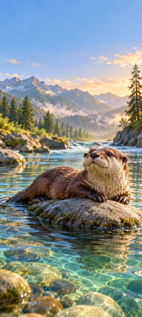 A river otter rests on a stone in clear water.