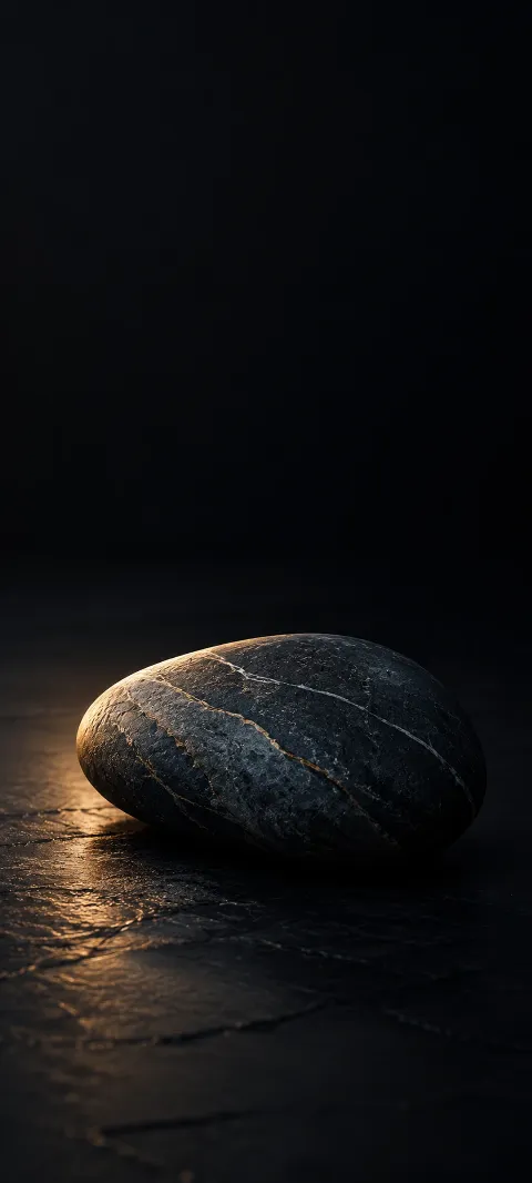 A dark slate pebble rests on a nearly black plane.