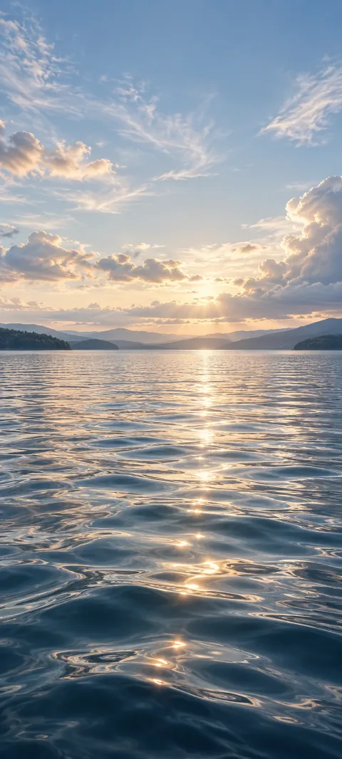 Silver ripples cross a quiet lake beneath pale clouds.