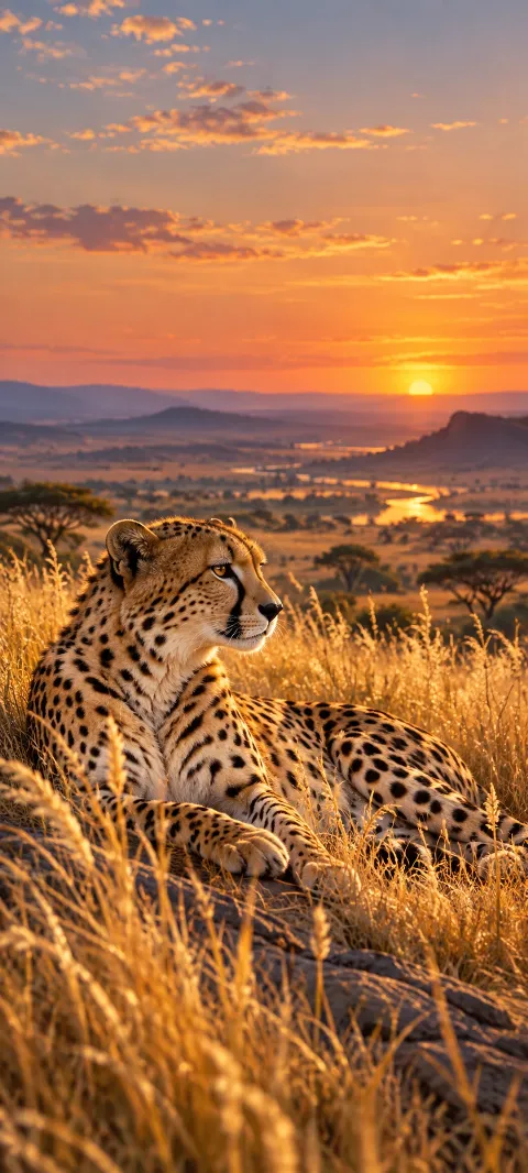 A cheetah rests among tall golden grasses.
