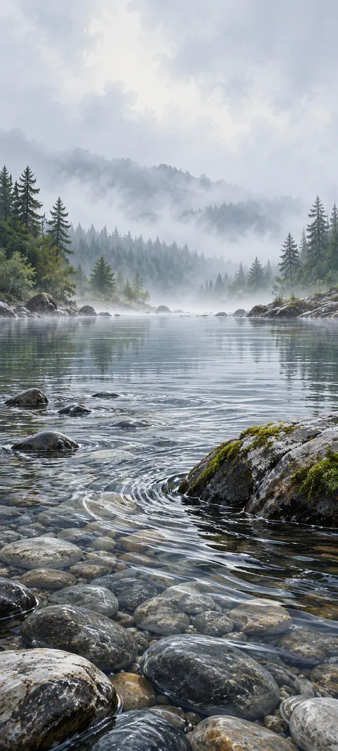 Clear shallow river with rounded stones and a mossy boulder beneath forest mist.