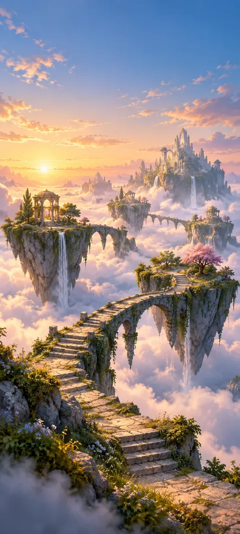 Stone stairways connect islands above a cloud sea.
