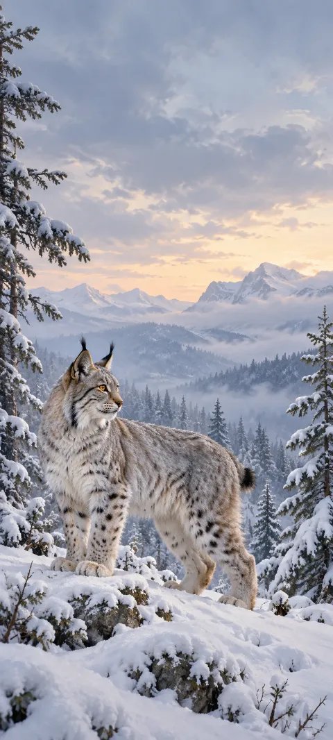 Lynx on a snowy ledge overlooking misty spruce forest and distant mountains.