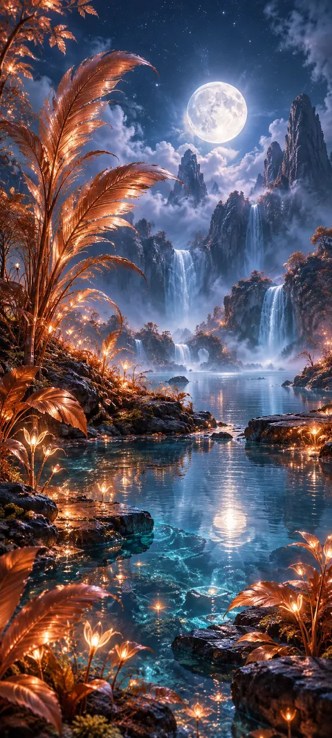 Copper-feathered plants grow around a moon pool.