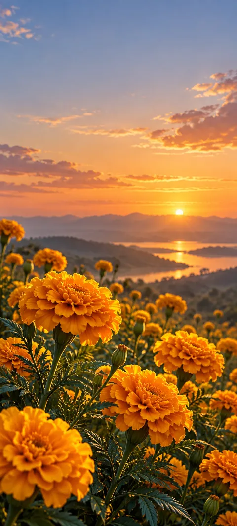 Golden marigold petals rise from dark green stems.