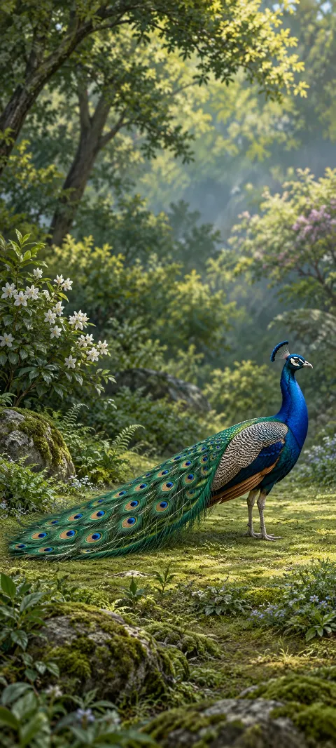 Blue peacock with a folded green eye-patterned train standing in a mossy garden clearing.