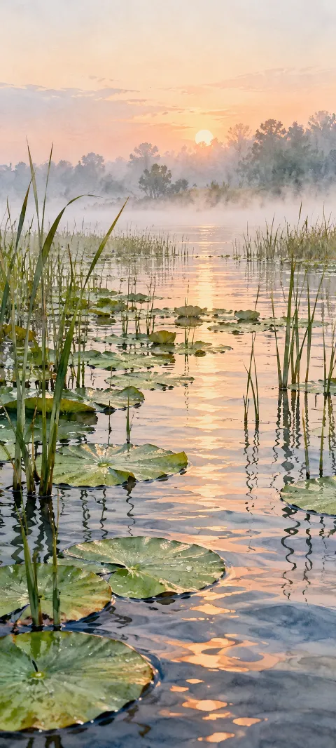 Peach sunrise reflections on a marsh pool between green reeds and floating lily leaves.