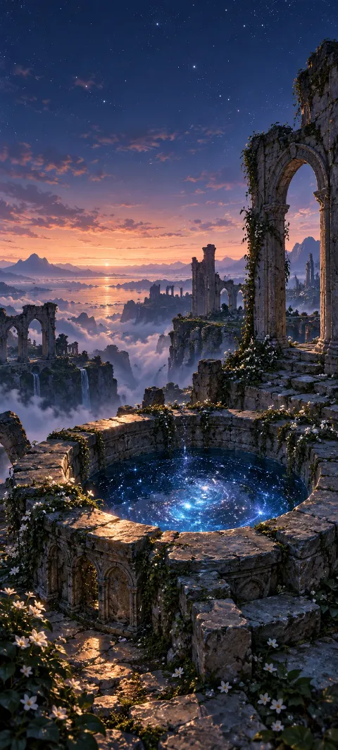 Imagined ruins surround a well filled with starlight.