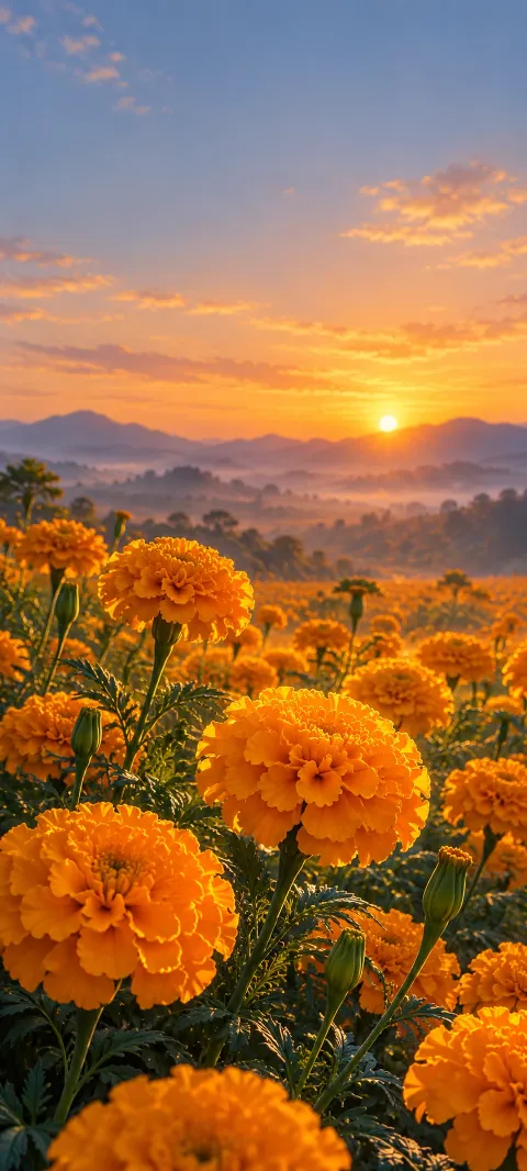 Golden marigolds in a field beneath a low orange sun.