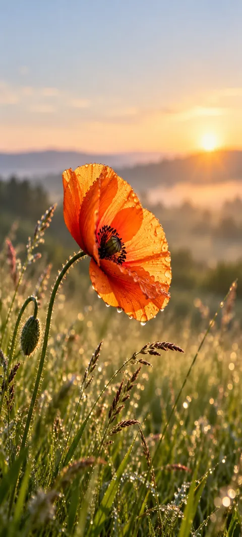 An orange poppy bends above grasses in a light breeze.