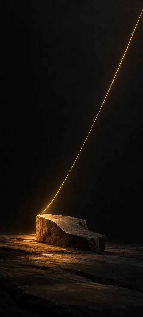Thin amber glowing line meeting a sandstone block in charcoal darkness.