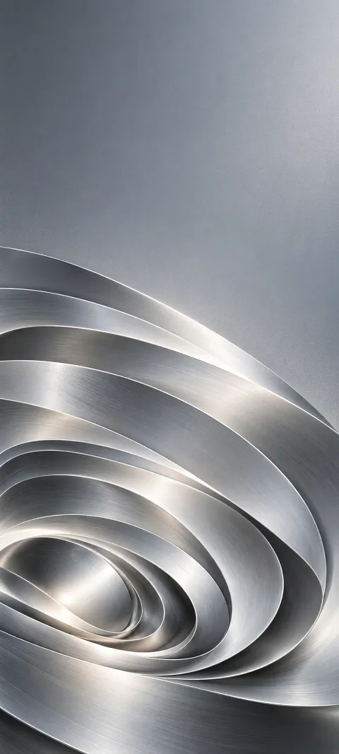 Layered brushed silver elliptical sheets curling across a pearl gray background.