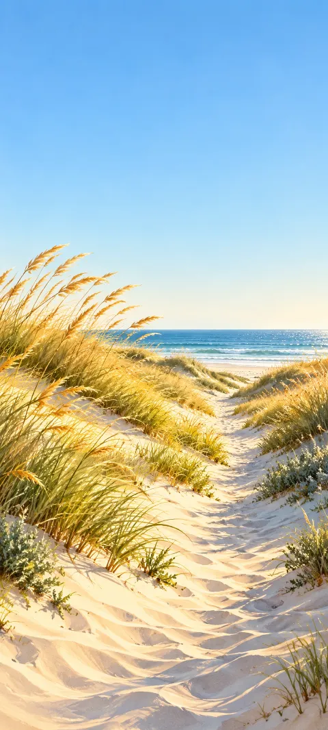 Golden dune grasses and a sandy path leading to the blue ocean.