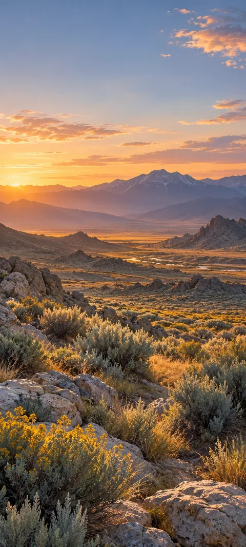 Sagebrush and pale stones catch low light across a dry valley.