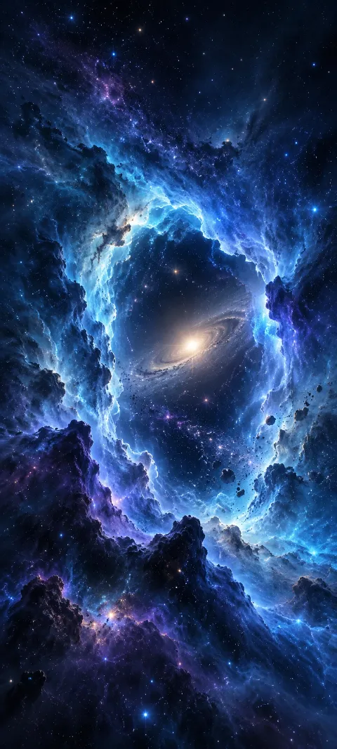 Blue nebula clouds form a doorway toward a tiny white star.
