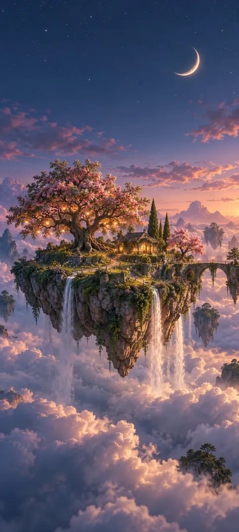 A floating island with blossom trees, a cottage and waterfalls beneath a crescent moon.