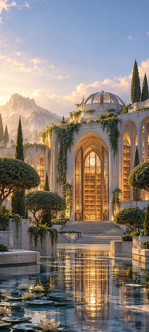 A marble library with a glass dome rises behind reflective garden water.