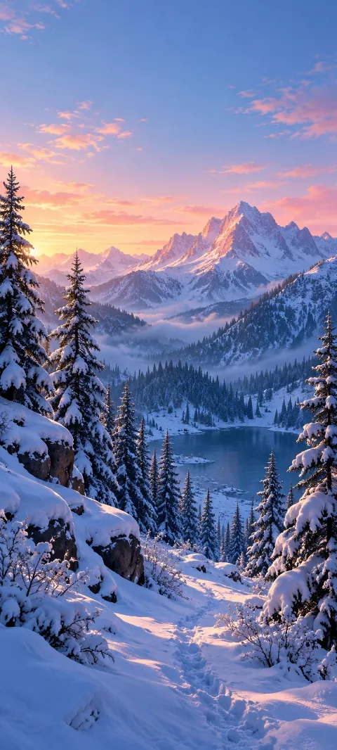 Snowy pines frame a mountain lake and trail at sunset.
