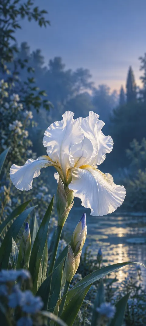 A white iris opens against soft blue garden shadow.