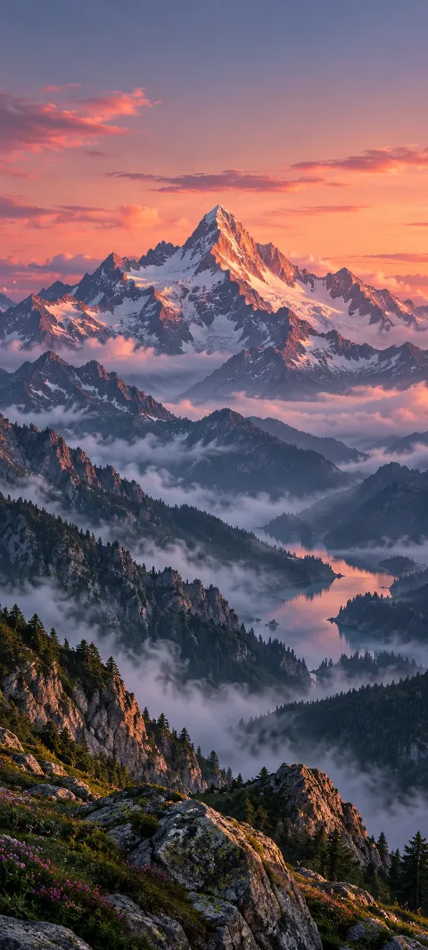 Rose light touches a sharp peak above a quiet valley.